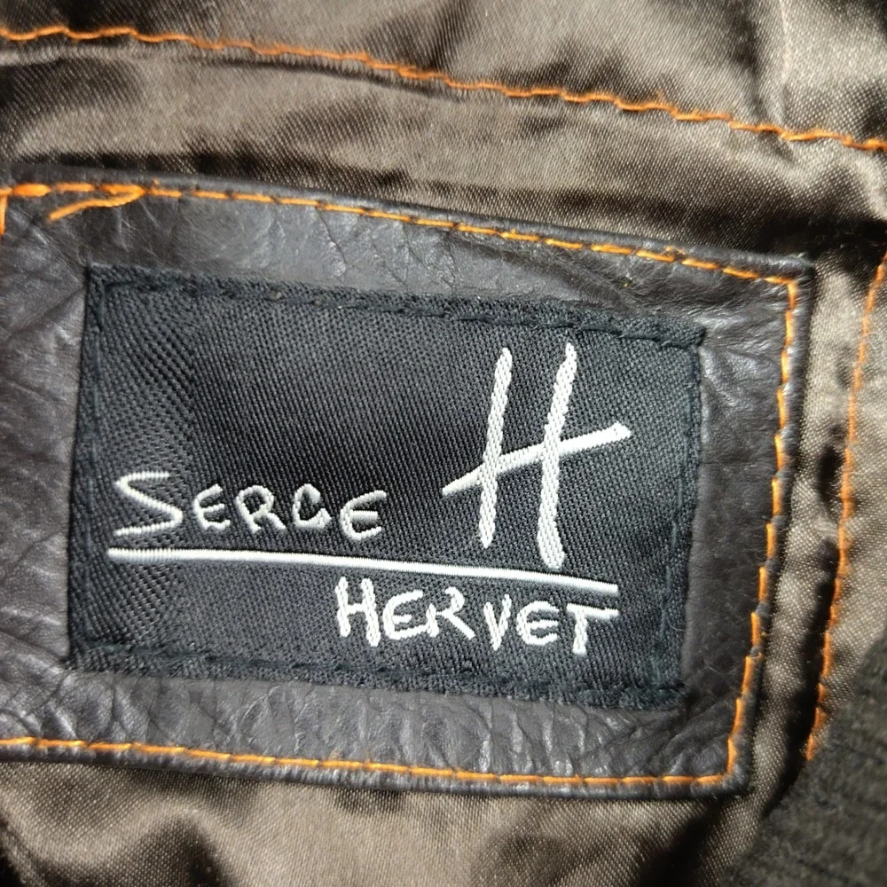 Serge Hervet Jacket Mens Medium Dark Brown Buffalo Leather Collar Moto Biker EUC